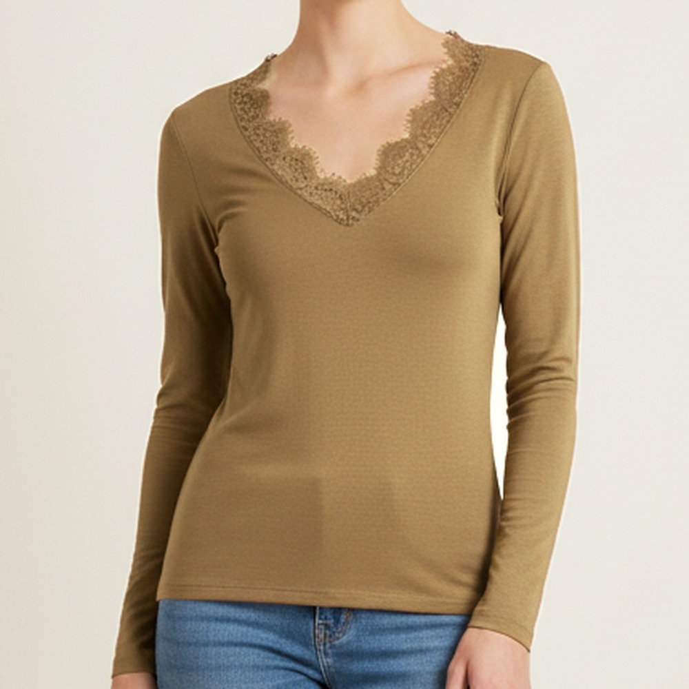 Mystree NWT Modal Lace V-Neck Top Womens S Coco Brown Long Sleeve Fitted